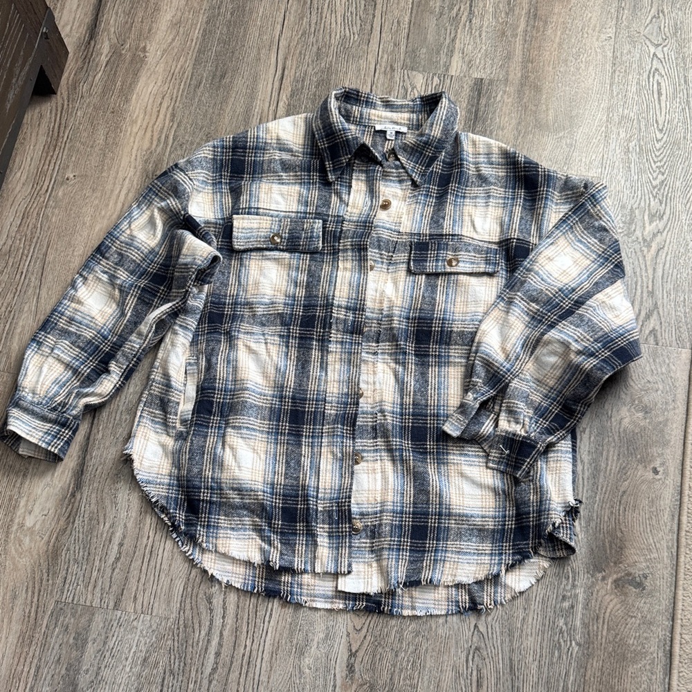 White Birch Navy and Cream Plaid Shirt